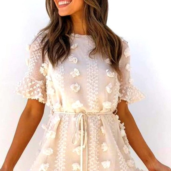 &merci EASTER Dress Womens M Short Sleeve Blue Swiss Dot Ruffle Accents Boho - Picture 5 of 13